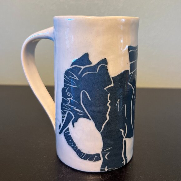 Handcrafted  Embossed Elephant Pottery Mug with Sgraffito Style Woodcut Look - Picture 3 of 10